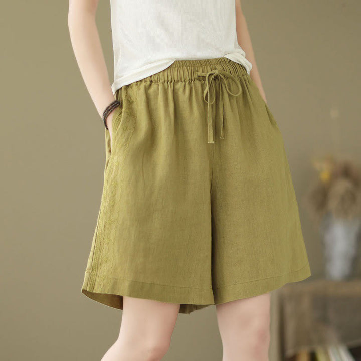 Buddha Stones Sommer Casual Stickerei Muster Baumwolle Leinen Damen Shorts mit Taschen