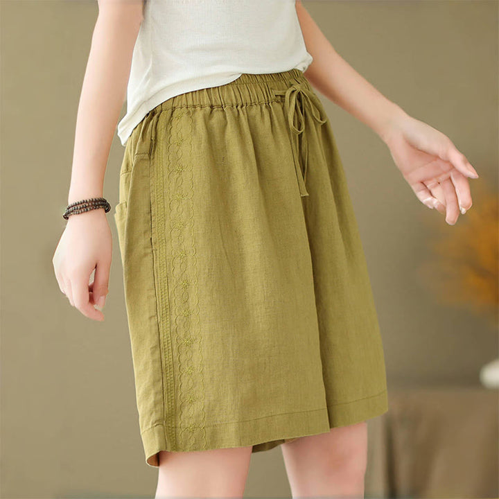 Buddha Stones Sommer Casual Stickerei Muster Baumwolle Leinen Damen Shorts mit Taschen