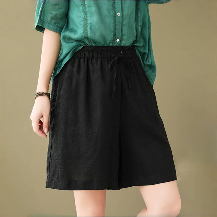 Buddha Stones Sommer Casual Stickerei Muster Baumwolle Leinen Damen Shorts mit Taschen