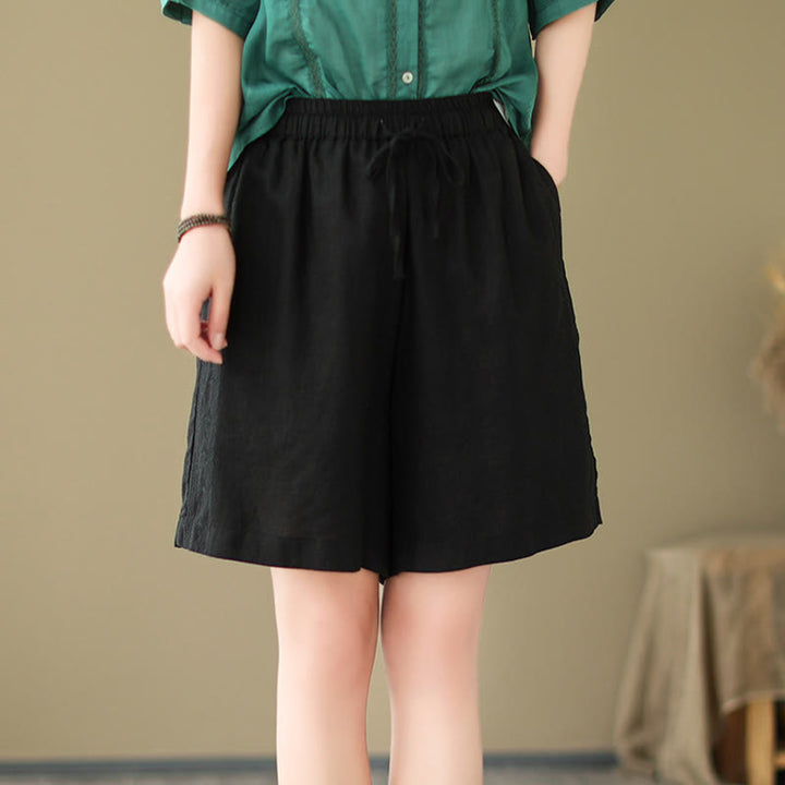 Buddha Stones Sommer Casual Stickerei Muster Baumwolle Leinen Damen Shorts mit Taschen