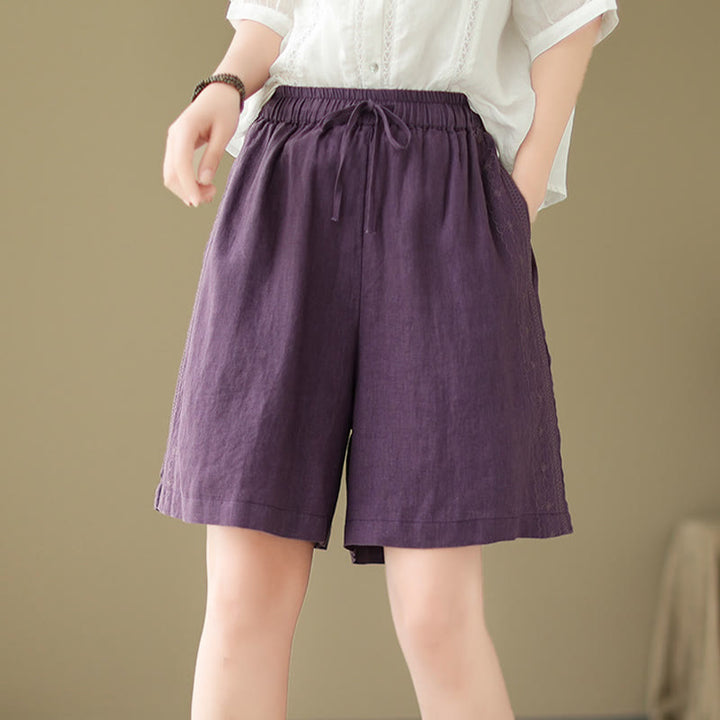 Buddha Stones Sommer Casual Stickerei Muster Baumwolle Leinen Damen Shorts mit Taschen