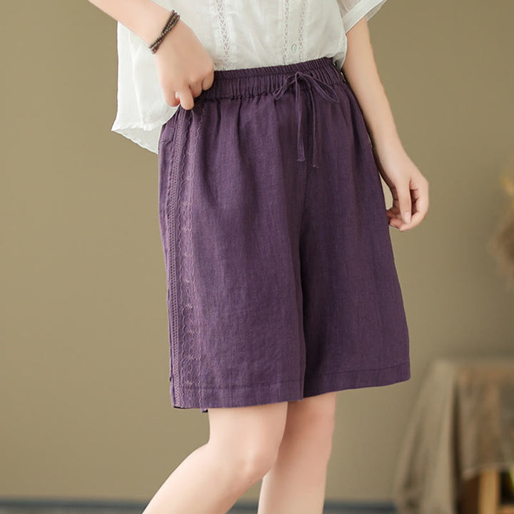 Buddha Stones Sommer Casual Stickerei Muster Baumwolle Leinen Damen Shorts mit Taschen