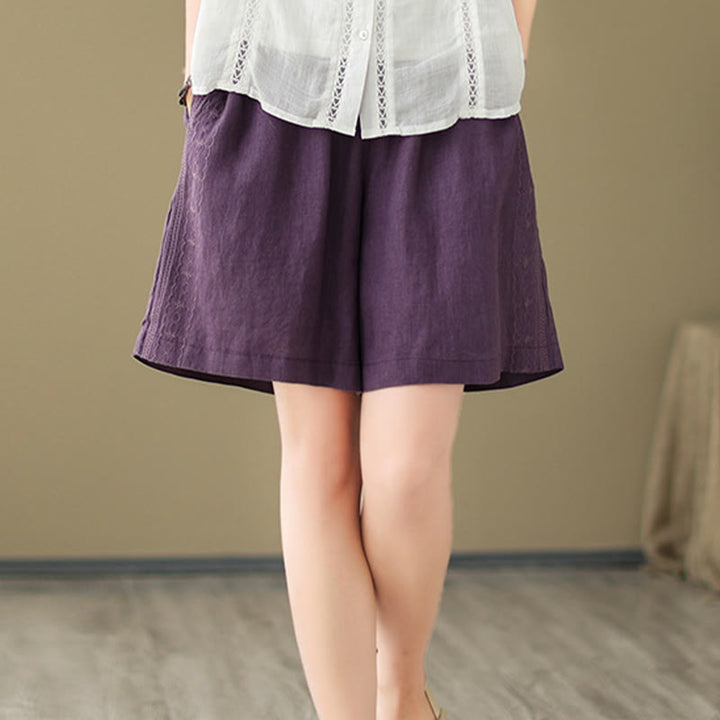 Buddha Stones Sommer Casual Stickerei Muster Baumwolle Leinen Damen Shorts mit Taschen