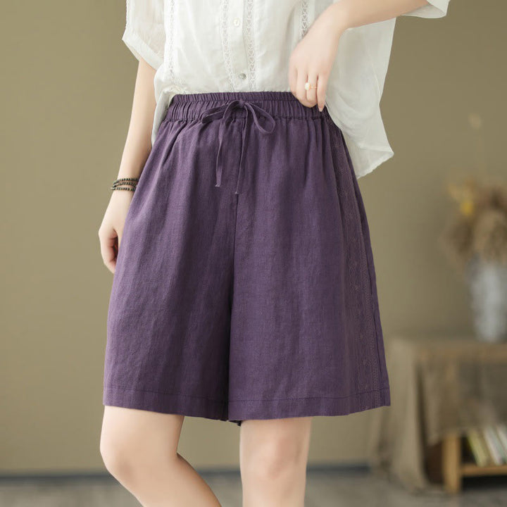 Buddha Stones Sommer Casual Stickerei Muster Baumwolle Leinen Damen Shorts mit Taschen