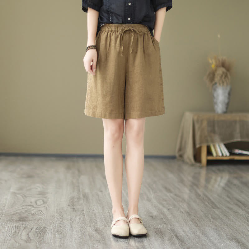 Buddha Stones Sommer Casual Stickerei Muster Baumwolle Leinen Damen Shorts mit Taschen