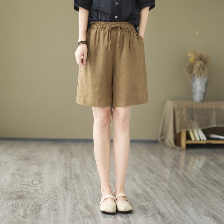 Buddha Stones Sommer Casual Stickerei Muster Baumwolle Leinen Damen Shorts mit Taschen