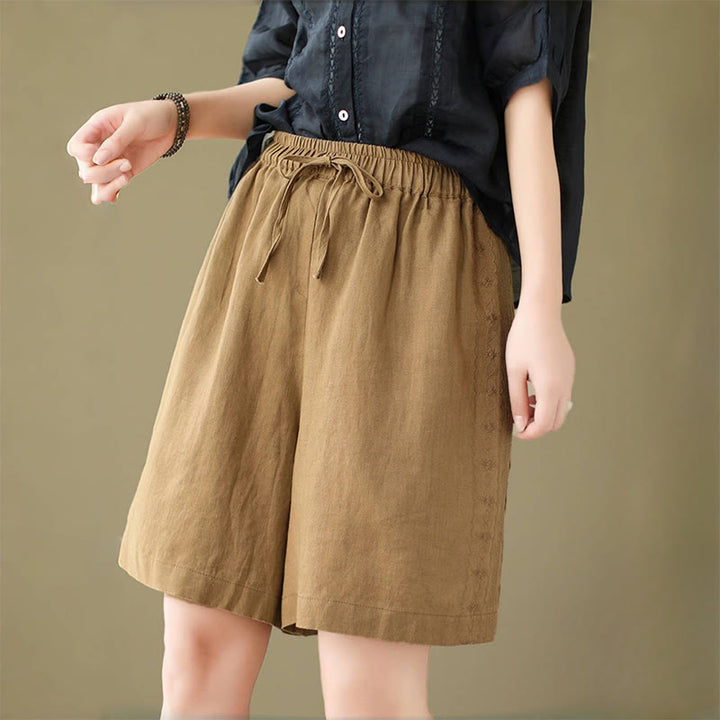 Buddha Stones Sommer Casual Stickerei Muster Baumwolle Leinen Damen Shorts mit Taschen