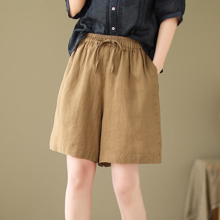 Buddha Stones Sommer Casual Stickerei Muster Baumwolle Leinen Damen Shorts mit Taschen
