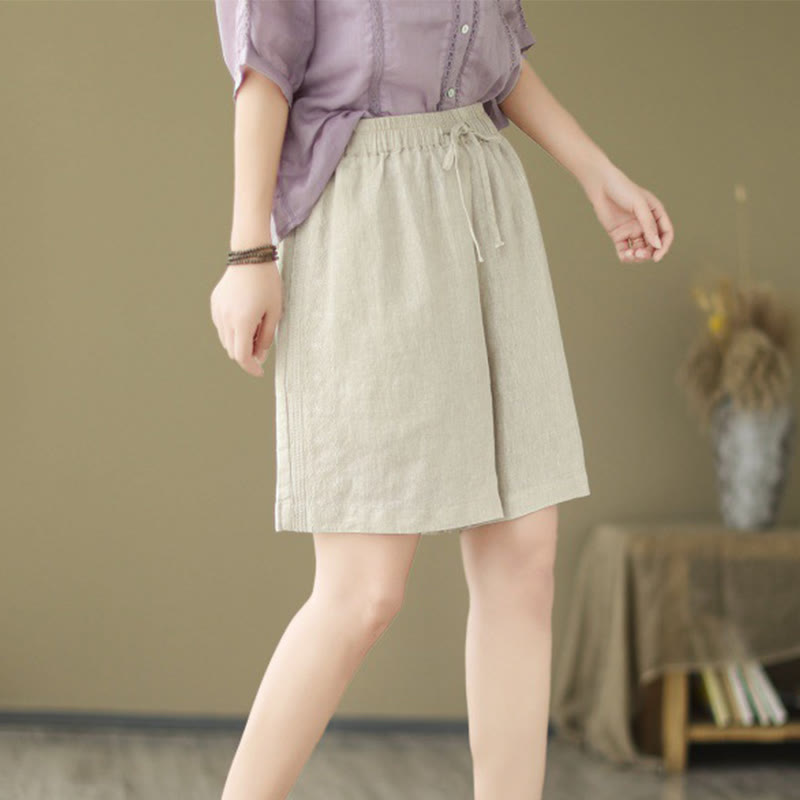 Buddha Stones Sommer Casual Stickerei Muster Baumwolle Leinen Damen Shorts mit Taschen