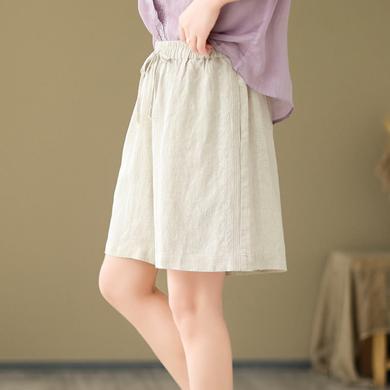 Buddha Stones Sommer Casual Stickerei Muster Baumwolle Leinen Damen Shorts mit Taschen