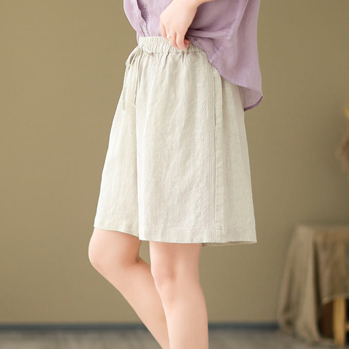 Buddha Stones Sommer Casual Stickerei Muster Baumwolle Leinen Damen Shorts mit Taschen
