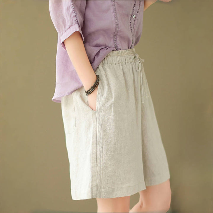 Buddha Stones Sommer Casual Stickerei Muster Baumwolle Leinen Damen Shorts mit Taschen