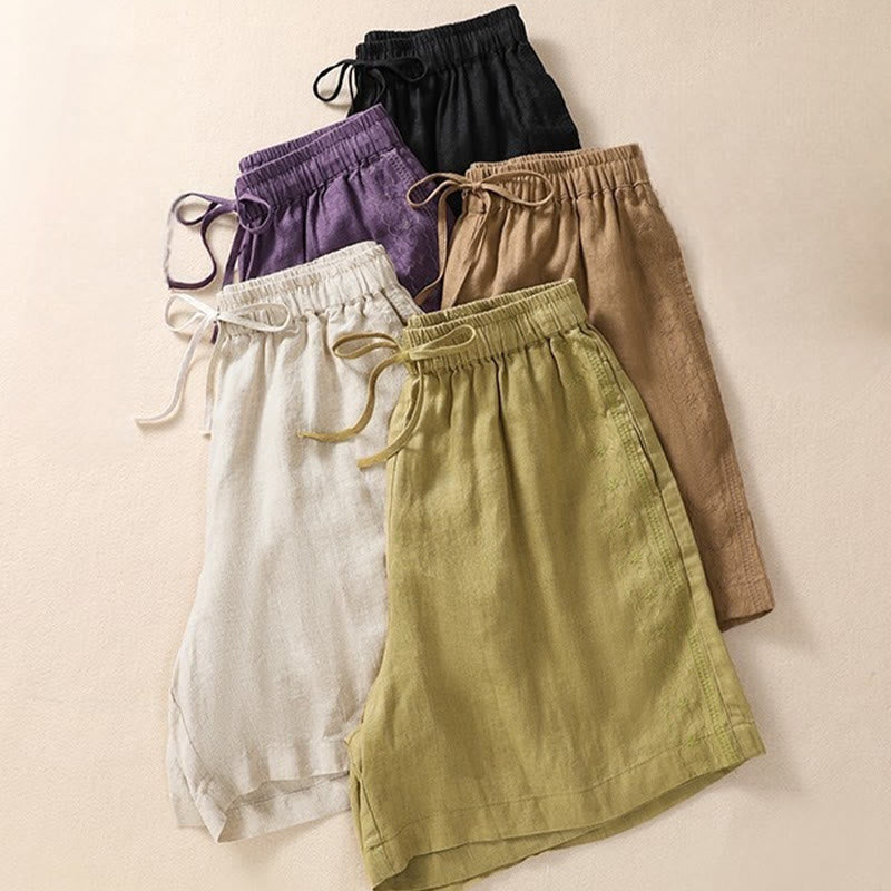 Buddha Stones Sommer Casual Stickerei Muster Baumwolle Leinen Damen Shorts mit Taschen
