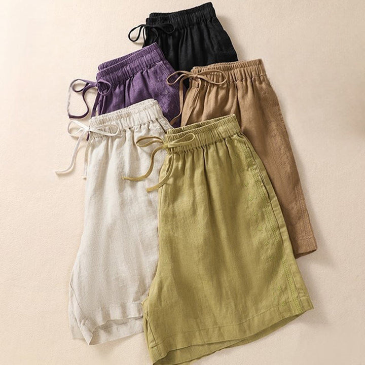 Buddha Stones Sommer Casual Stickerei Muster Baumwolle Leinen Damen Shorts mit Taschen