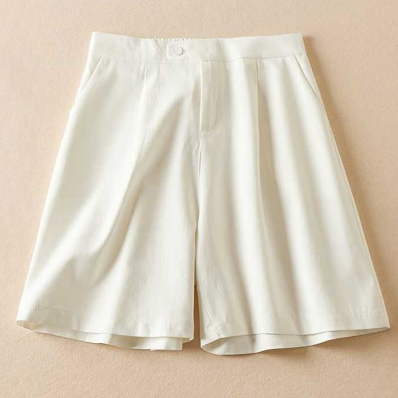 Buddha Stones Sommer Casual Plain Baumwolle Leinen Reißverschluss Knopf Damen Shorts mit Taschen