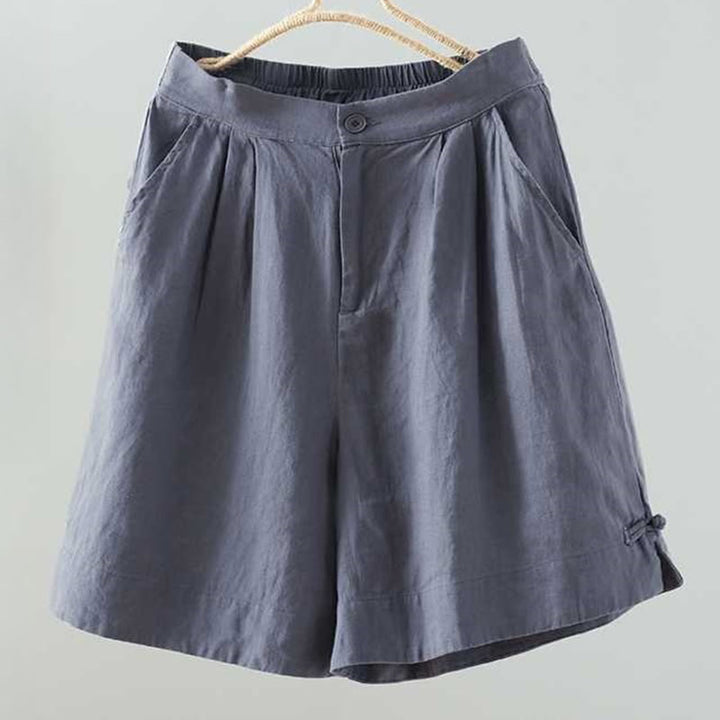 Buddha Stones Sommer Casual Solid Color Frosch Knopf Reißverschluss Knopf Acrylfaser Damen Shorts mit Taschen