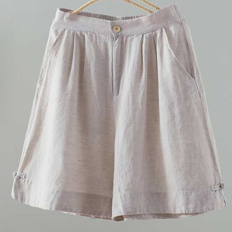 Buddha Stones Sommer Casual Solid Color Frosch Knopf Reißverschluss Knopf Acrylfaser Damen Shorts mit Taschen