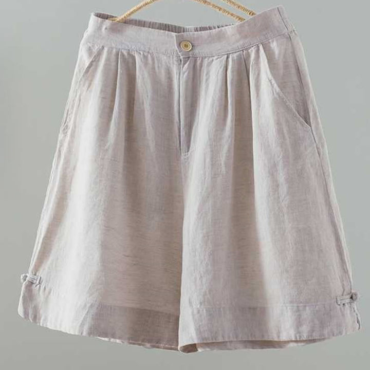 Buddha Stones Sommer Casual Solid Color Frosch Knopf Reißverschluss Knopf Acrylfaser Damen Shorts mit Taschen