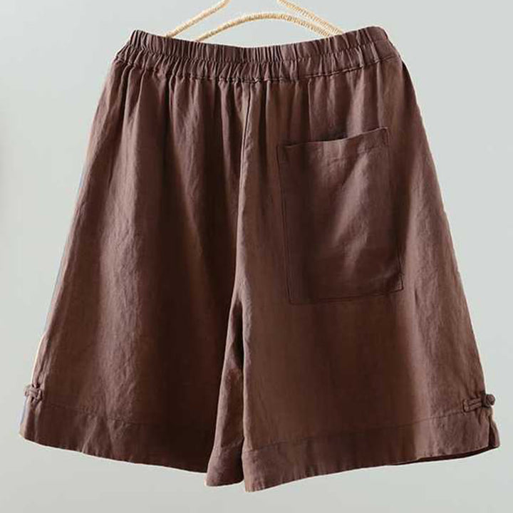 Buddha Stones Sommer Casual Solid Color Frosch Knopf Reißverschluss Knopf Acrylfaser Damen Shorts mit Taschen