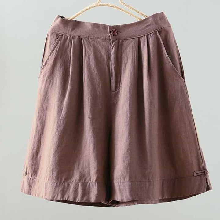 Buddha Stones Sommer Casual Solid Color Frosch Knopf Reißverschluss Knopf Acrylfaser Damen Shorts mit Taschen