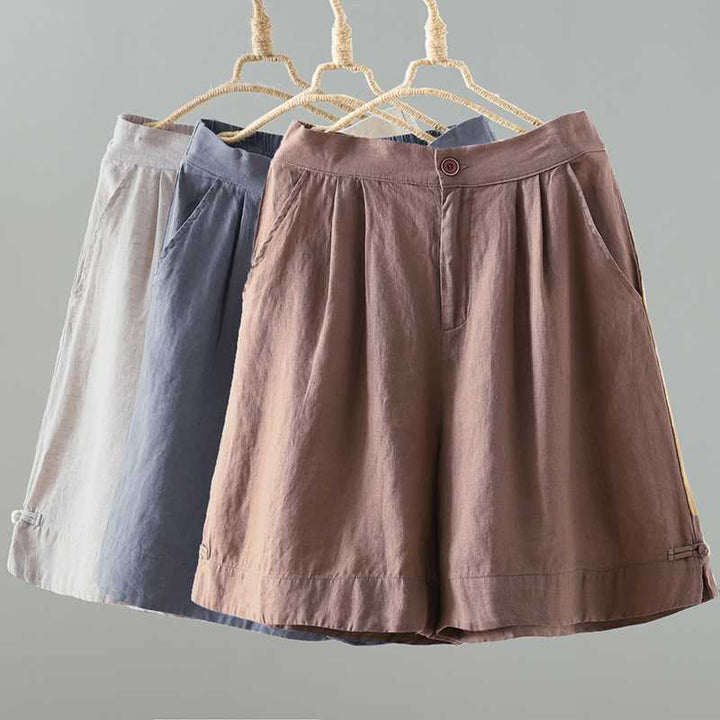 Buddha Stones Sommer Casual Solid Color Frosch Knopf Reißverschluss Knopf Acrylfaser Damen Shorts mit Taschen