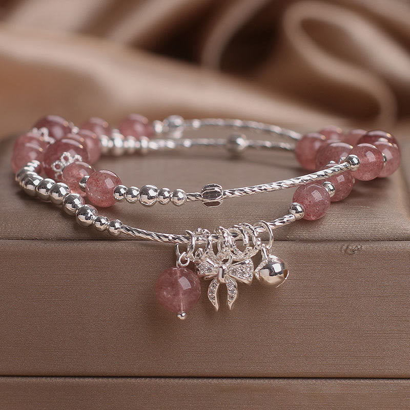 Buddha Stones Natürlicher Erdbeerquarz Schleifenknoten Rosette Charm Heilung Doppelwickelarmband