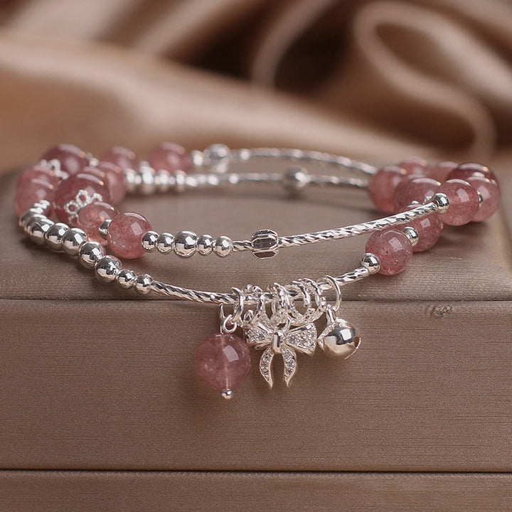 Buddha Stones Natürlicher Erdbeerquarz Schleifenknoten Rosette Charm Heilung Doppelwickelarmband