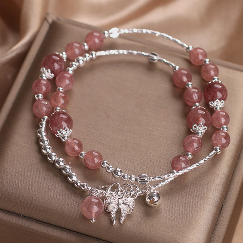 Buddha Stones Natürlicher Erdbeerquarz Schleifenknoten Rosette Charm Heilung Doppelwickelarmband
