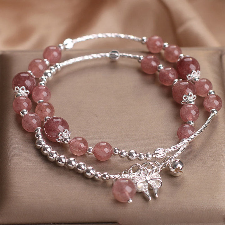 Buddha Stones Natürlicher Erdbeerquarz Schleifenknoten Rosette Charm Heilung Doppelwickelarmband