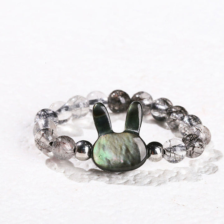 Buddha Stones 3 mm schwarzer Rutilquarz Tridacna-Stein Kaninchen-Katzen-Ring