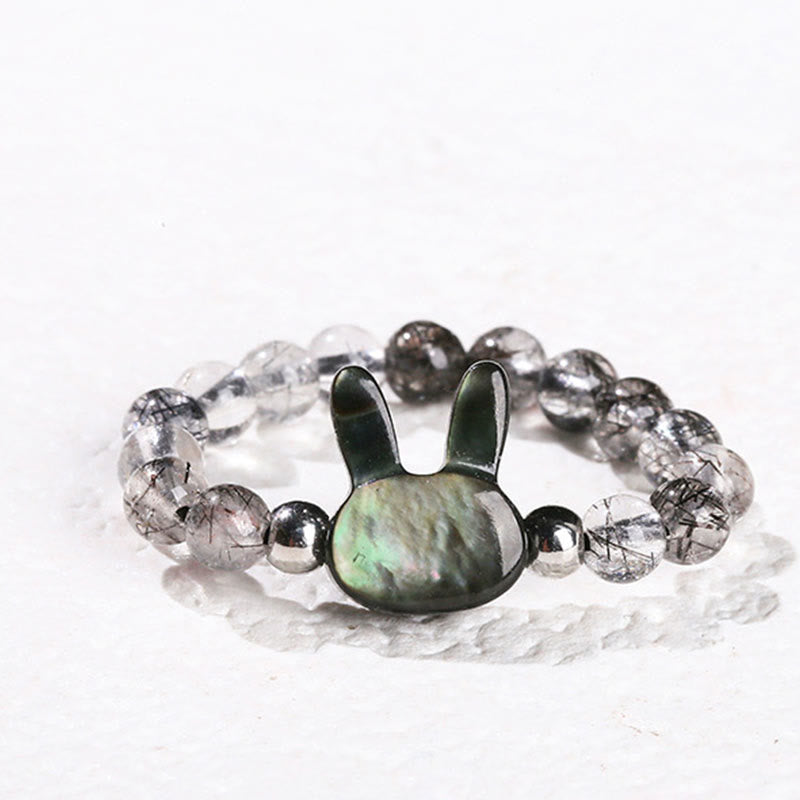 Buddha Stones 3 mm schwarzer Rutilquarz Tridacna-Stein Kaninchen-Katzen-Ring - Kaninchen (63 mm elastische Schnur) - image 1