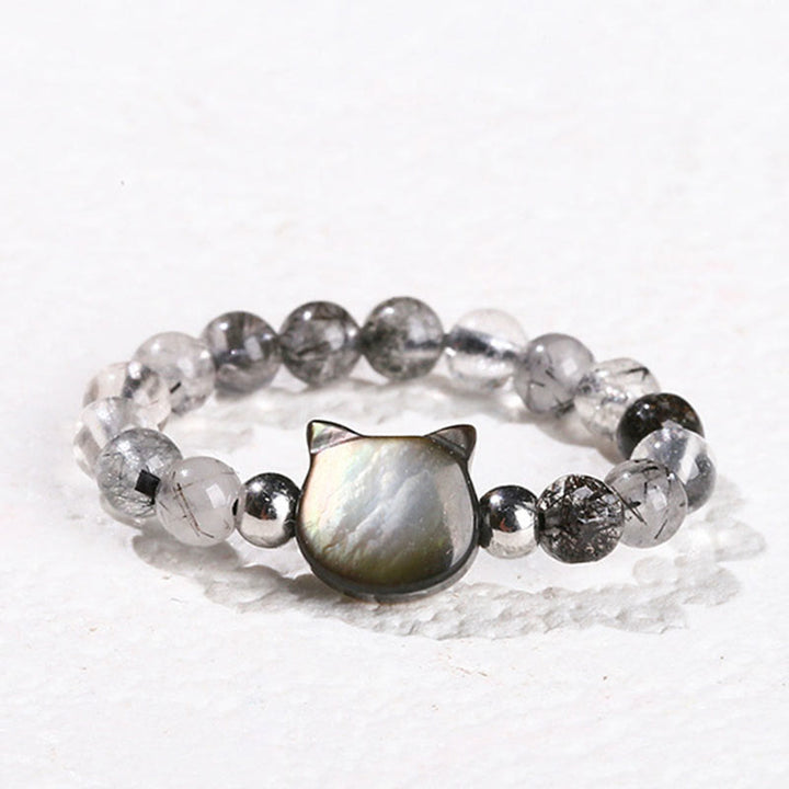 Buddha Stones 3 mm schwarzer Rutilquarz Tridacna-Stein Kaninchen-Katzen-Ring