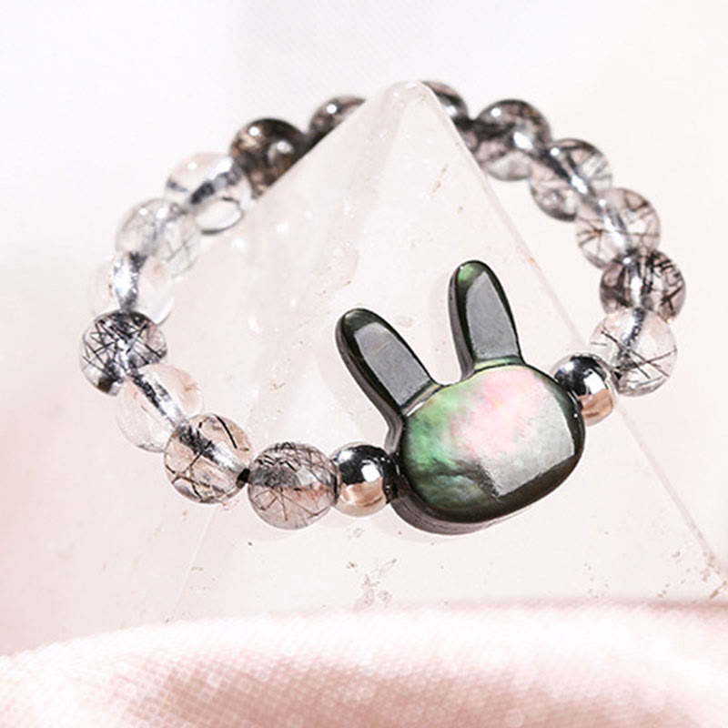 Buddha Stones 3 mm schwarzer Rutilquarz Tridacna-Stein Kaninchen-Katzen-Ring