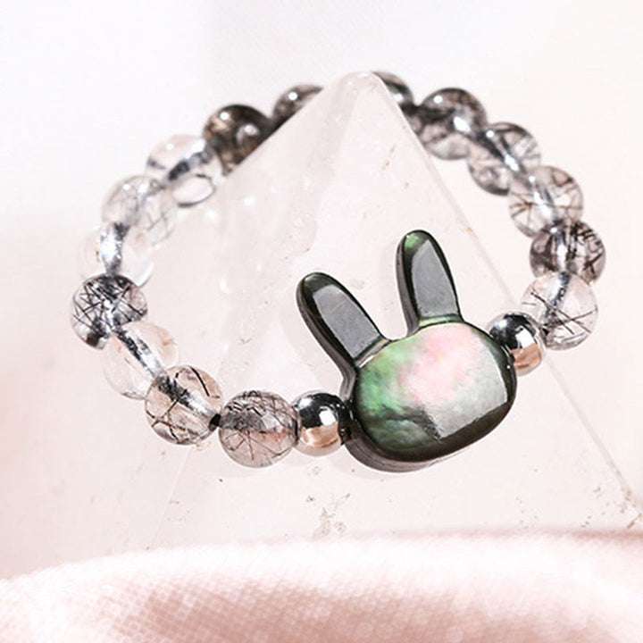 Buddha Stones 3 mm schwarzer Rutilquarz Tridacna-Stein Kaninchen-Katzen-Ring
