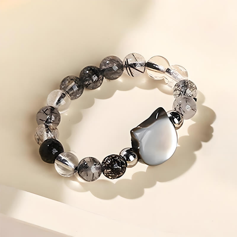 Buddha Stones 3 mm schwarzer Rutilquarz Tridacna-Stein Kaninchen-Katzen-Ring