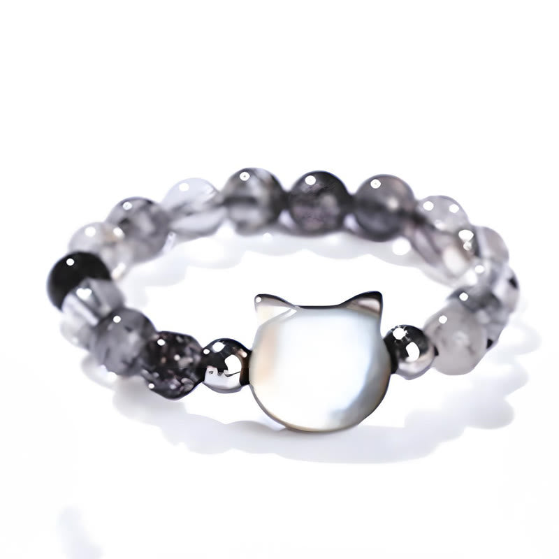 Buddha Stones 3 mm schwarzer Rutilquarz Tridacna-Stein Kaninchen-Katzen-Ring