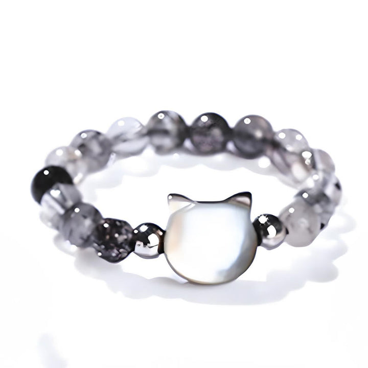 Buddha Stones 3 mm schwarzer Rutilquarz Tridacna-Stein Kaninchen-Katzen-Ring