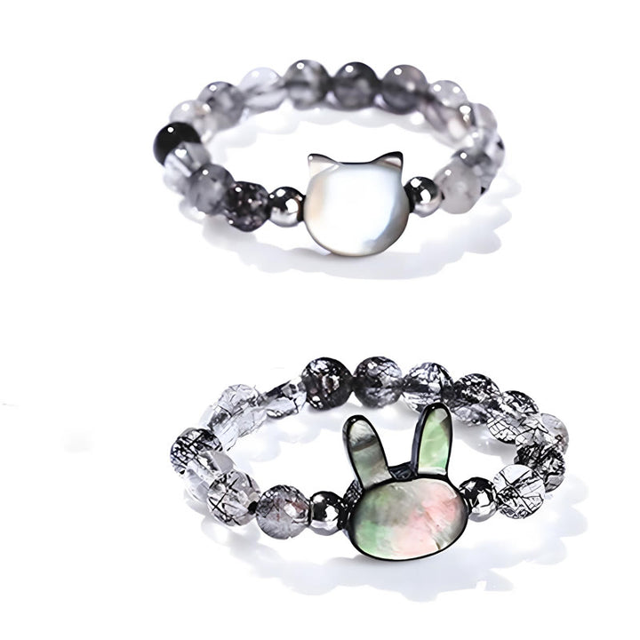Buddha Stones 3 mm schwarzer Rutilquarz Tridacna-Stein Kaninchen-Katzen-Ring