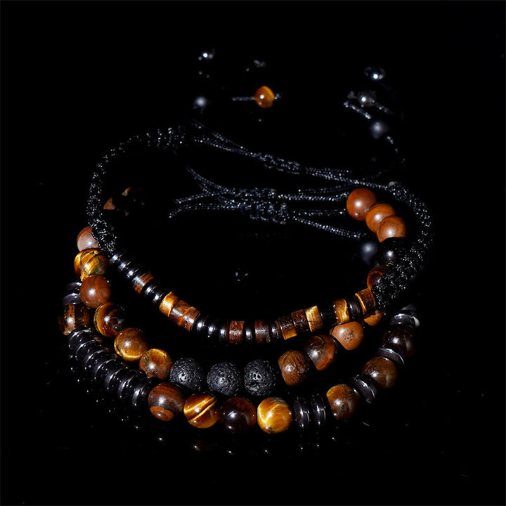Buddha Stones 3-teiliges Tigerauge-Lavastein-Schutzarmband-Set