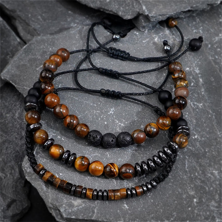 Buddha Stones 3-teiliges Tigerauge-Lavastein-Schutzarmband-Set