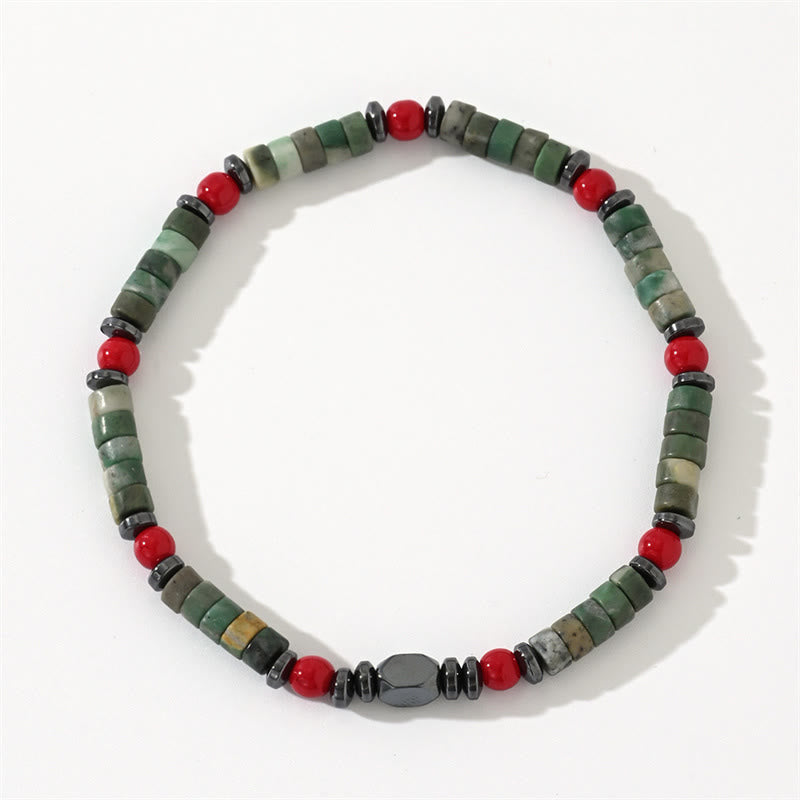Buddha Stones Armband aus natürlichem grünem Stein, Hämatit, rote Koralle, kraftvoll
