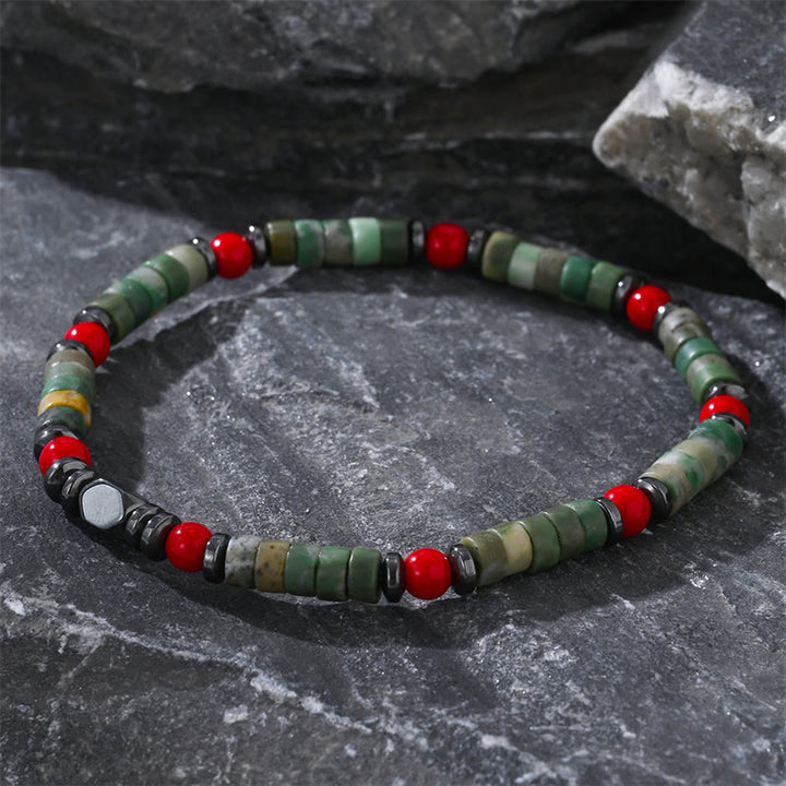 Buddha Stones Armband aus natürlichem grünem Stein, Hämatit, rote Koralle, kraftvoll