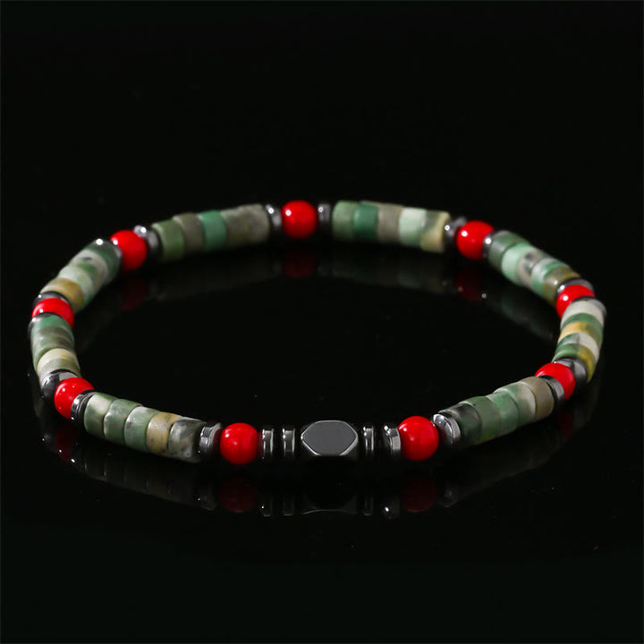 Buddha Stones Armband aus natürlichem grünem Stein, Hämatit, rote Koralle, kraftvoll