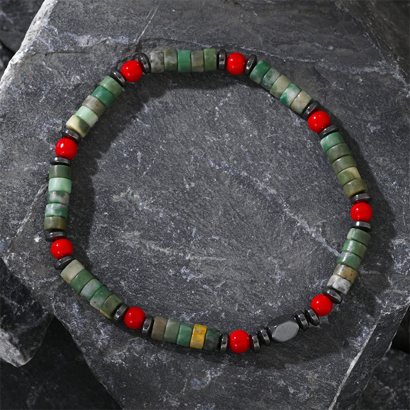 Buddha Stones Armband aus natürlichem grünem Stein, Hämatit, rote Koralle, kraftvoll