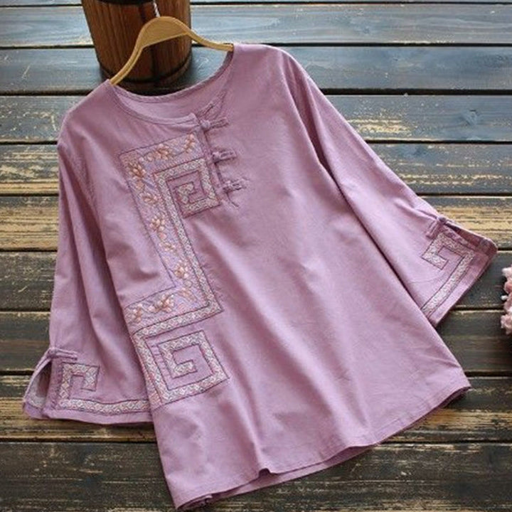 Damenhemd aus Baumwolle und Leinen mit dreiviertellangen Ärmeln und Buddha Stones -Stickerei und Froschknopf - Pflaume - US14, UK/AU18, EU46 (4XL) - image 1