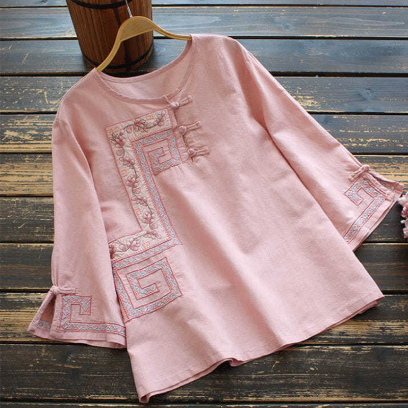 Damenhemd aus Baumwolle und Leinen mit dreiviertellangen Ärmeln und Buddha Stones -Stickerei und Froschknopf - Rosa - US14, UK/AU18, EU46 (4XL) - image 3