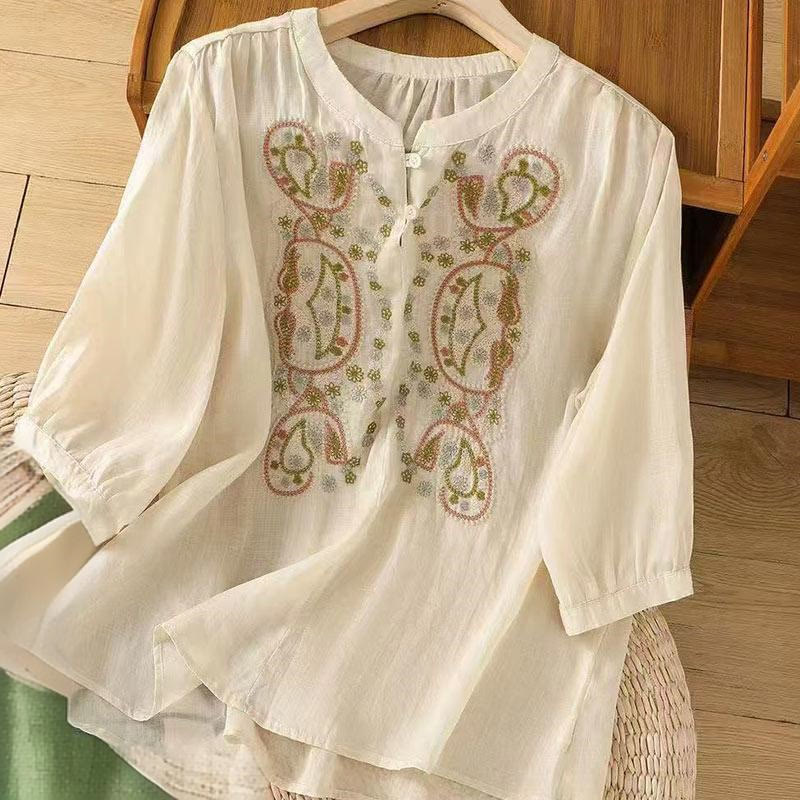 Buddha Stones Lässiges, lockeres Damenhemd mit Stickerei und Froschknopf, halbe Ärmel, Rundhalsausschnitt, Baumwolle - Beige - US12， UK/AU16，EU44 (3XL) - image 5
