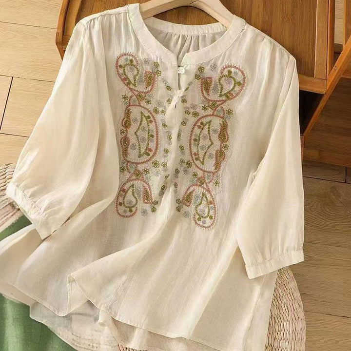 Buddha Stones Lässiges, lockeres Damenhemd mit Stickerei und Froschknopf, halbe Ärmel, Rundhalsausschnitt, Baumwolle - Beige - US12， UK/AU16，EU44 (3XL) - image 5