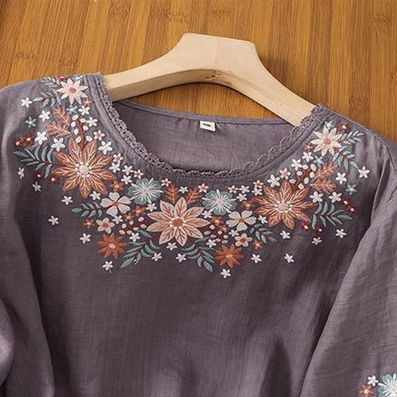 Buddha Stones Lässiges Damen-T-Shirt aus Baumwolle und Leinen mit Blumen- und Blattstickerei, Rundhalsausschnitt und Dreiviertelärmeln - image 1