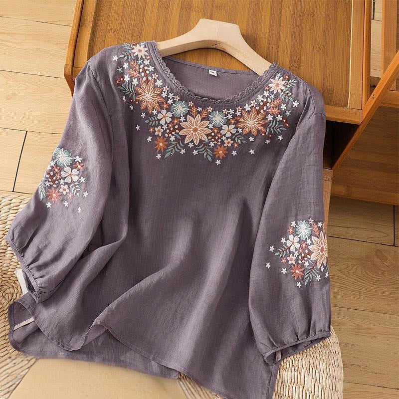 Buddha Stones Lässiges Damen-T-Shirt aus Baumwolle und Leinen mit Blumen- und Blattstickerei, Rundhalsausschnitt und Dreiviertelärmeln - Mittelviolett - US12， UK/AU16，EU44 (3XL) - image 0